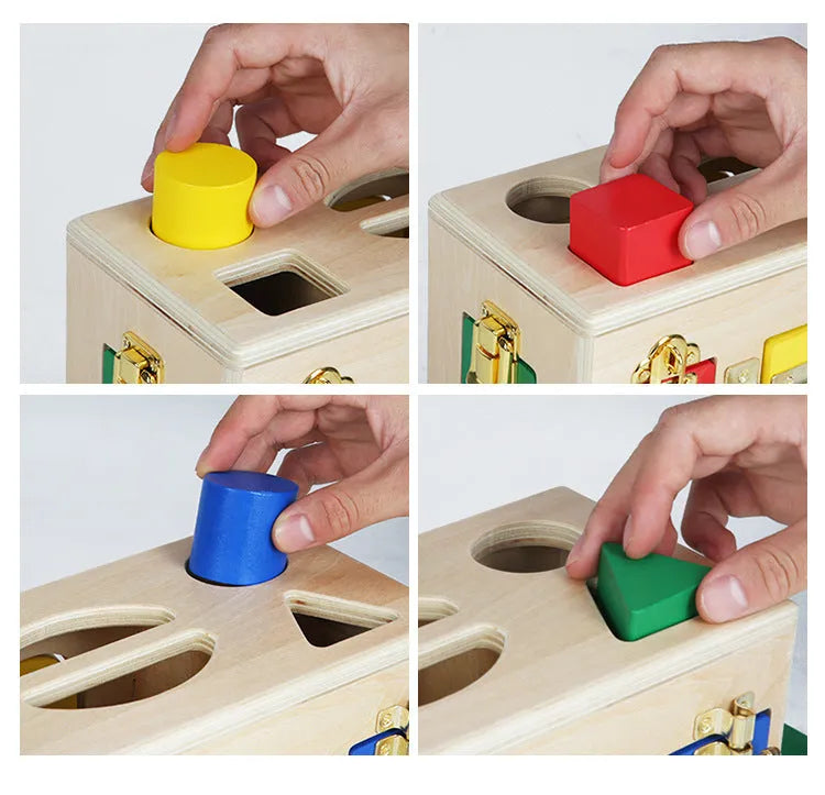 Wooden educational shape sorting lock box toy with coloured blocks for preschool children.