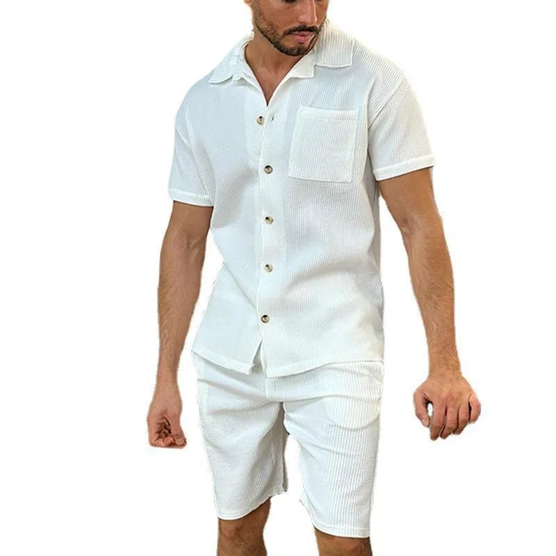 Men's cotton polo short-sleeved shorts suit in army green with short sleeves and shorts length