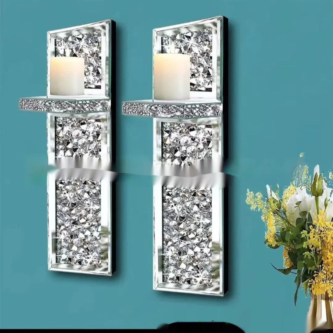 Pair of silver mirror glass candlestick holders for wall mounting, 38cm tall.