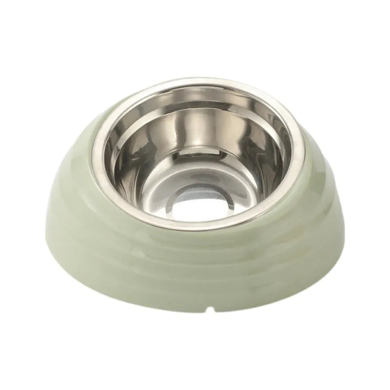 Stainless steel cat bowl in plastic holder available in light green, beige, or brown colours