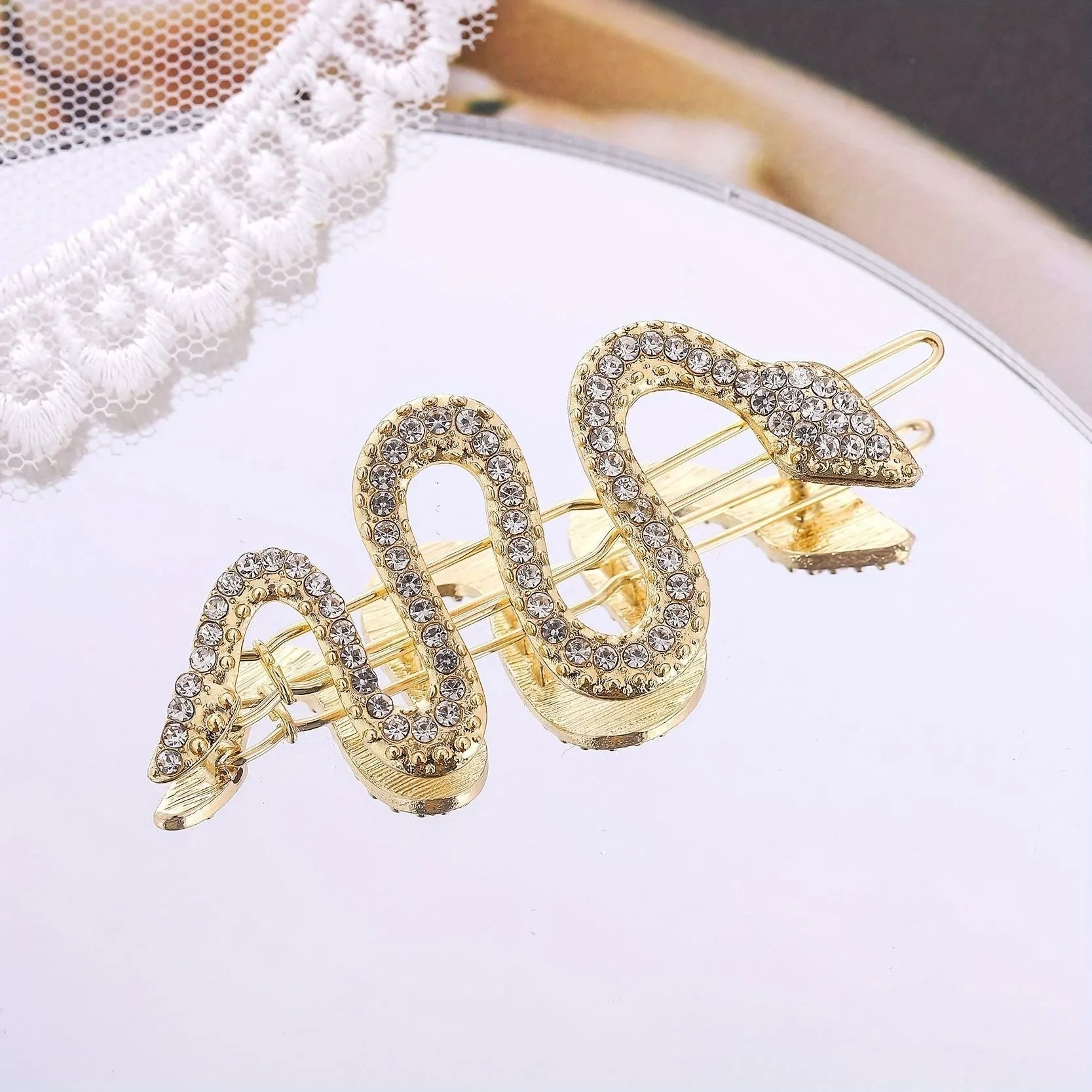 Korean vintage snake design hair clip barrettes in gold and silver with rhinestone detailing