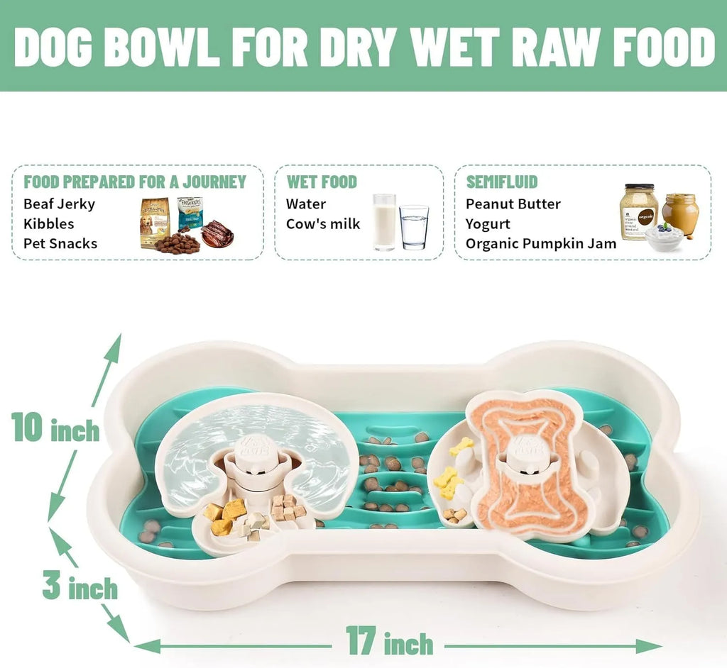 Green pink and yellow 3-in-1 slow feeder dog bowls with wave and hump designs for large breed anti choking feeding