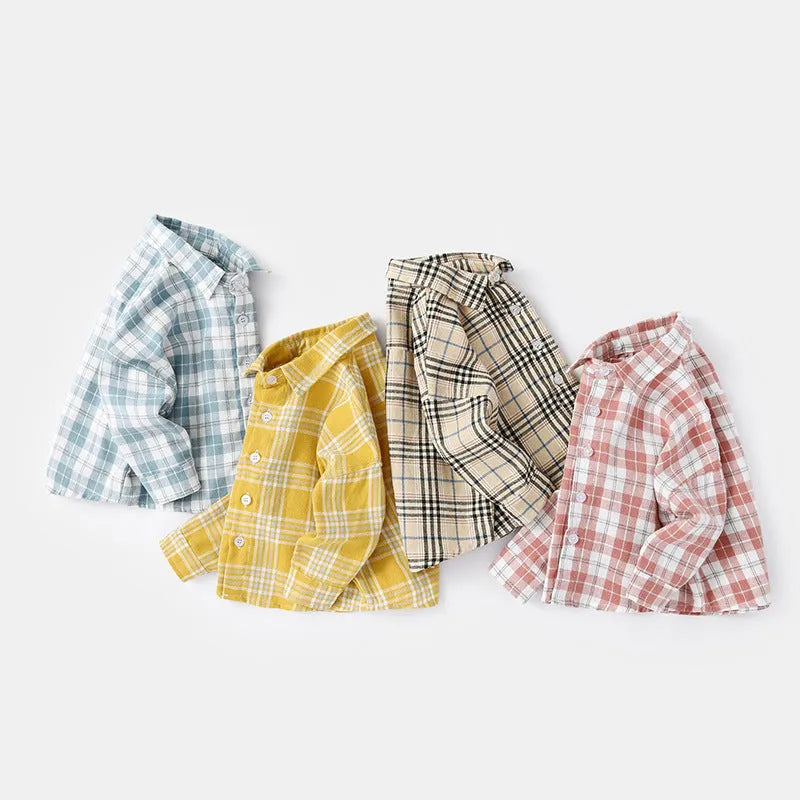 Boys' cotton lattice pattern shirt in khaki, light blue, pink or yellow with animal cartoon prints