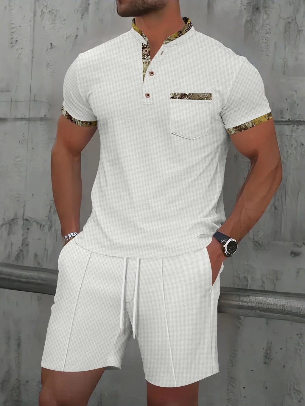 Men's grey waffle texture two-piece summer suit with zipper polo collar short sleeve top and matching shorts