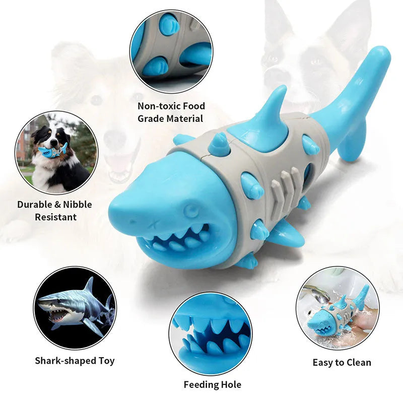 Blue leaky dog toy with shark-tooth texture for teething and dental cleaning