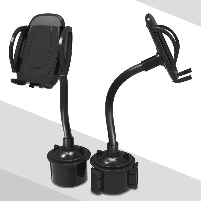 Black car cup holder mobile phone mount with ABS and aluminium tube encapsulation, placed in car cup holder