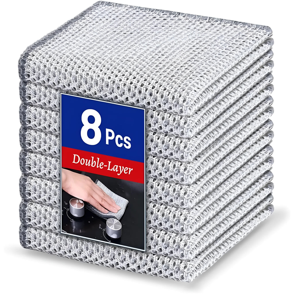 Silver wire and coloured microfibre cleaning rags in 20cm and 25cm square sizes for pots and bowls.