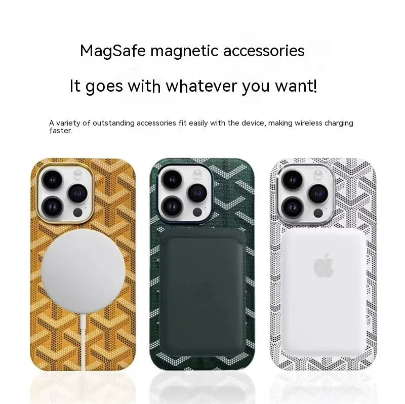 Leather phone case with magnetic suction, all-inclusive design, available in green, gold, pink, white, and black for Apple iPhone.