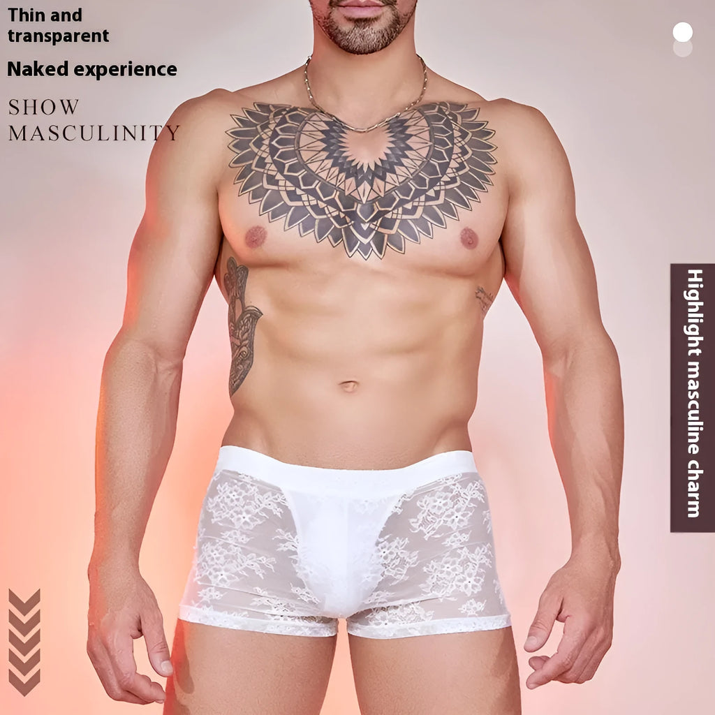 Men's nylon lace boxers in black, white, and red colours with elastic waistband free size design