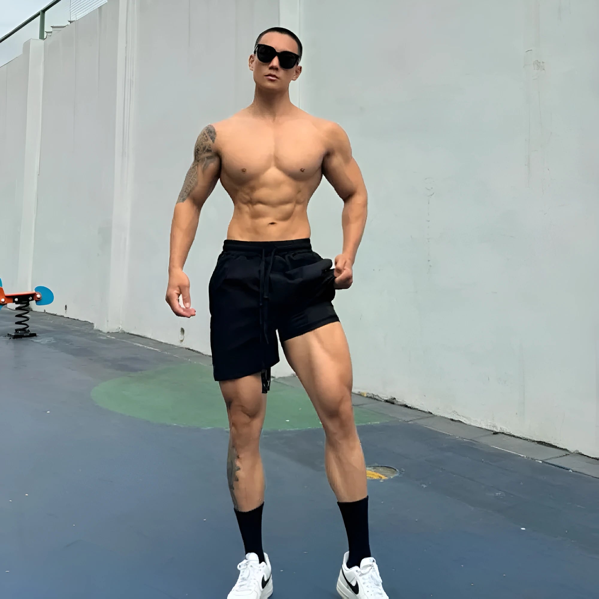 Man wearing ice silk quick-drying double-layer casual shorts in a light grey colour.