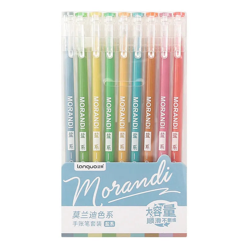Set of nine retro colour gel pens with 0.5mm needle tips in plastic barrels