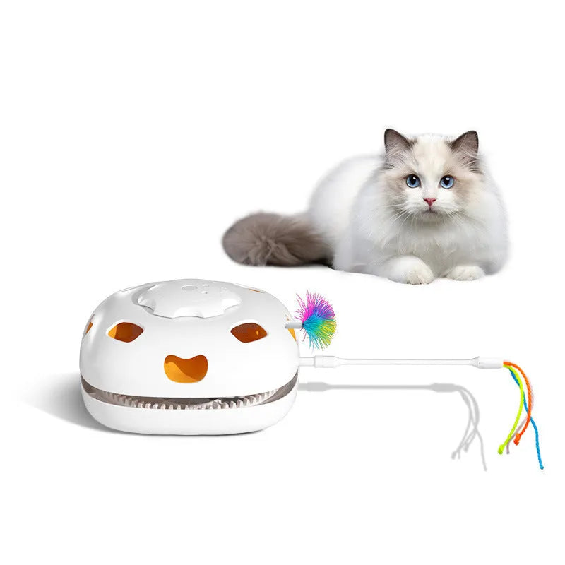 Plastic self-hi relief cat toy with teaser attachment measuring 19.8 by 11.5 by 19.5 centimetres