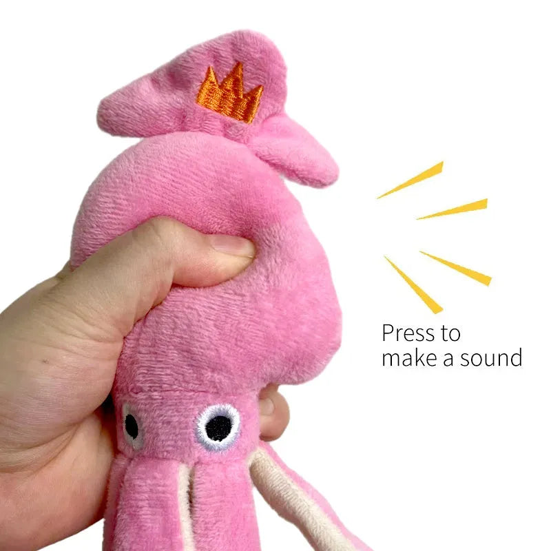 Pink squid plush dog chew toy with squeaky sound, 32cm corduroy, for small medium dogs