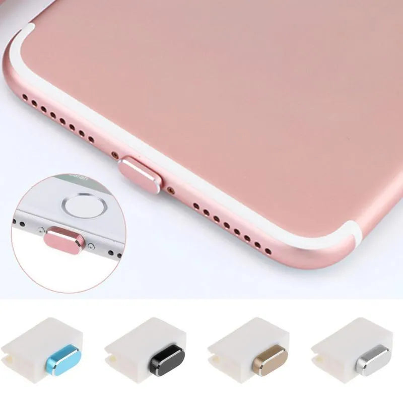 Aluminium alloy iPhone charging port dust plug shown in gold, silver, blue, red, grey, black, rose gold, and rose colours.