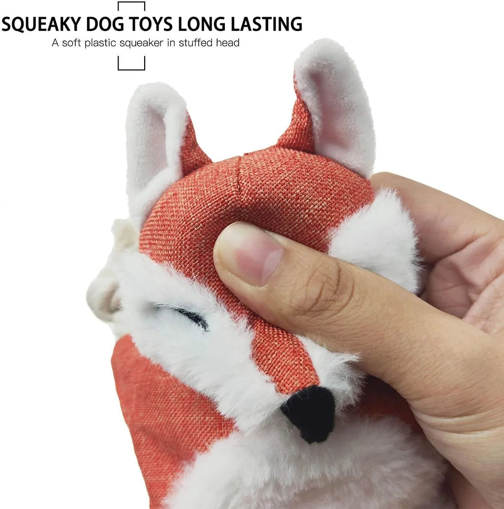Brown fox dog toy with squeaker, crinkle paper sounds, and cotton rope arms for chewing