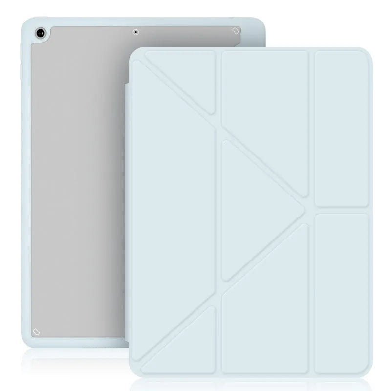 Dark gray Y folding imitation leather iPad case showing stand mode and built-in Apple Pencil slot.