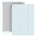 Dark gray Y folding imitation leather iPad case showing stand mode and built-in Apple Pencil slot.