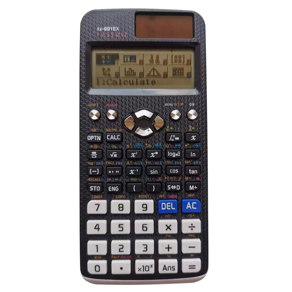 991EX scientific calculator with solar panel and ABS casing in black blue or pink