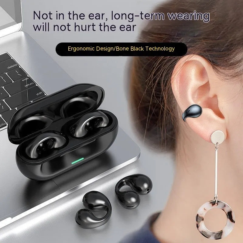 Wireless ear clip Bluetooth headset in black with breathing light, comfortable not in-ear design for sports