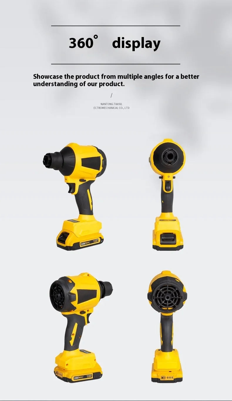 Yellow handheld cordless dust gun with rechargeable battery for office and workshop cleaning