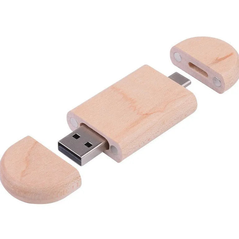 Wooden USB flash drive with natural finish showing 2-in-1 mobile phone and computer connectivity