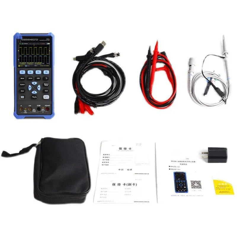Owon HDS272 handheld digital oscilloscope with probes and accessories for automotive diagnostics