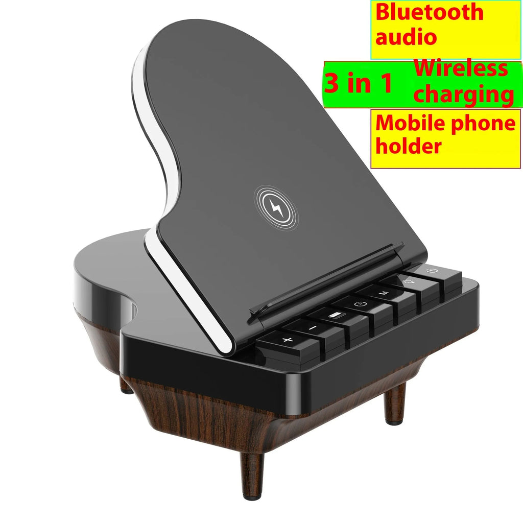 Black 3-in-1 Bluetooth speaker with wireless charger and phone holder on a desk