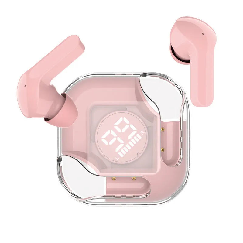 Wireless Bluetooth TWS headset with transparent earbuds in five colour options on a white background.