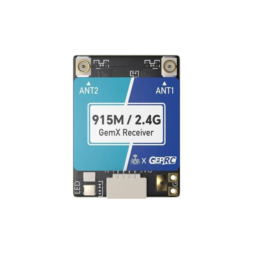 ELRS dual-frequency FPV drone receiver module with metal housing and T-shaped antennas