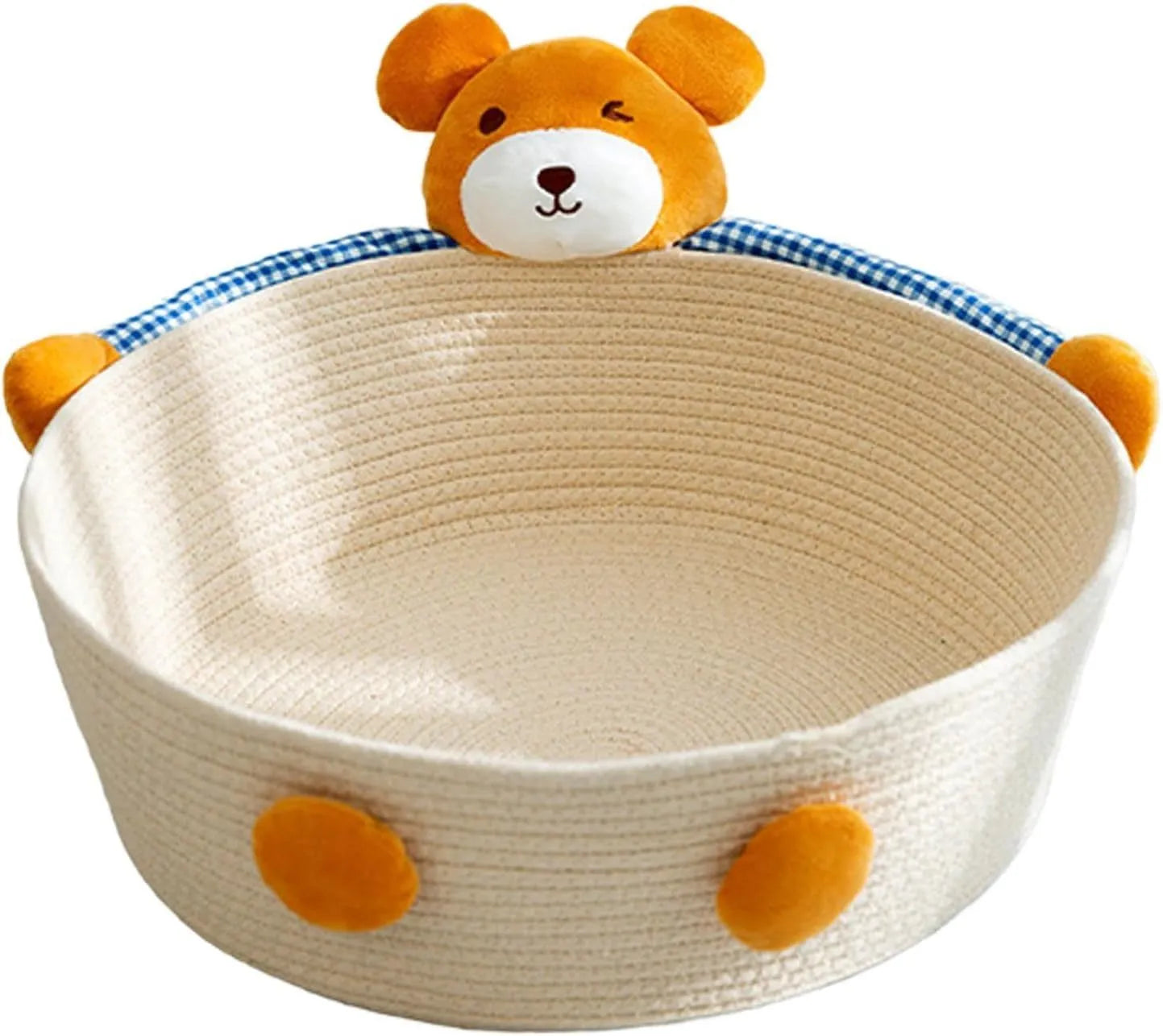 Woven cotton rope cat bed and scratching post in bear design, showing basket shape.