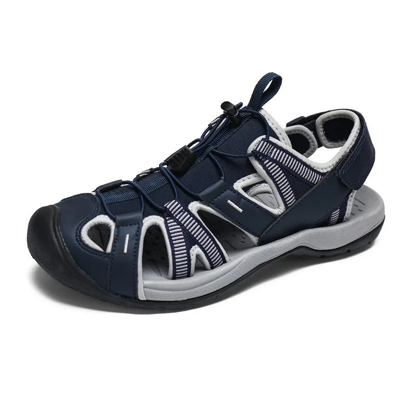 Men's blue and black casual sports shoes with mesh upper, rubber sole, and Velcro strap.