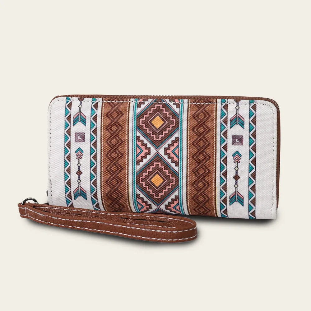 Bohemian striped canvas RFID wallet with anti-theft features in beige and red colours measuring 20x10x2cm