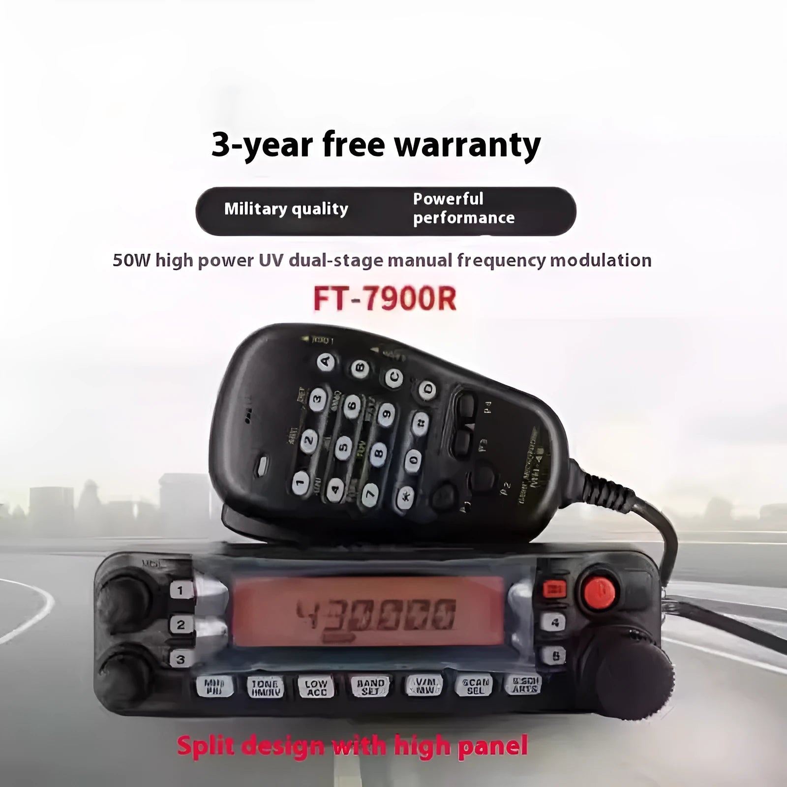High-power car radio interphone walkie-talkie unit for self-driving tours, shown with antenna options.