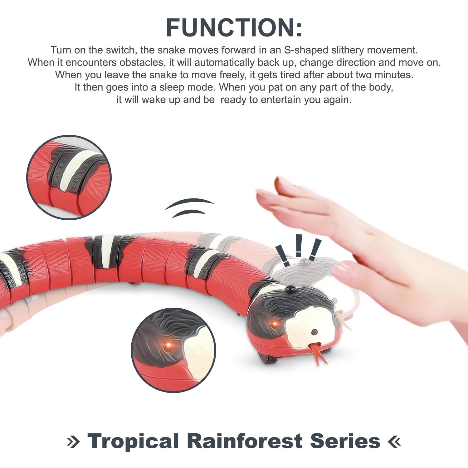 Automatic smart sensing snake cat toy with segmented body for realistic slithering movement