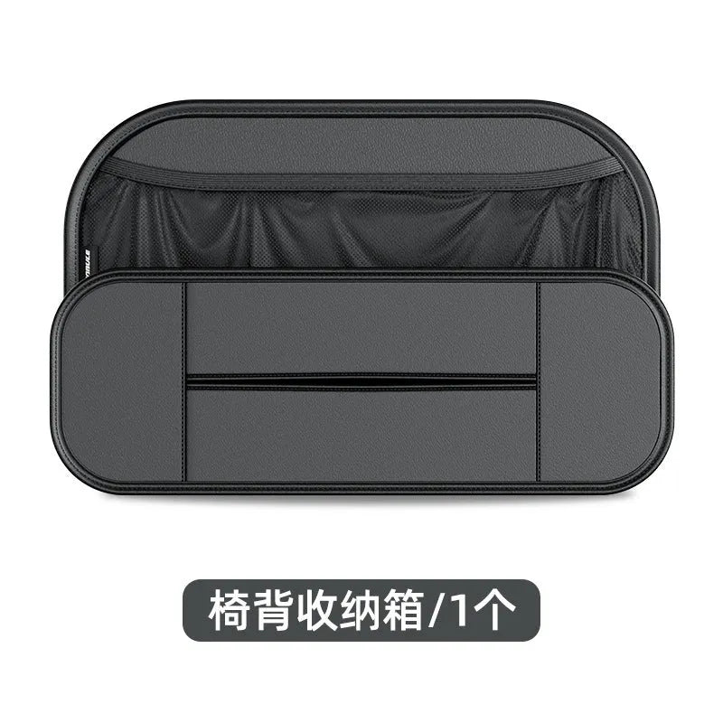 Black leather car seat rear storage bag with adjustable compartments mounted on vehicle seat