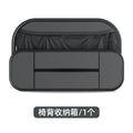 Black leather car seat rear storage bag with adjustable compartments mounted on vehicle seat