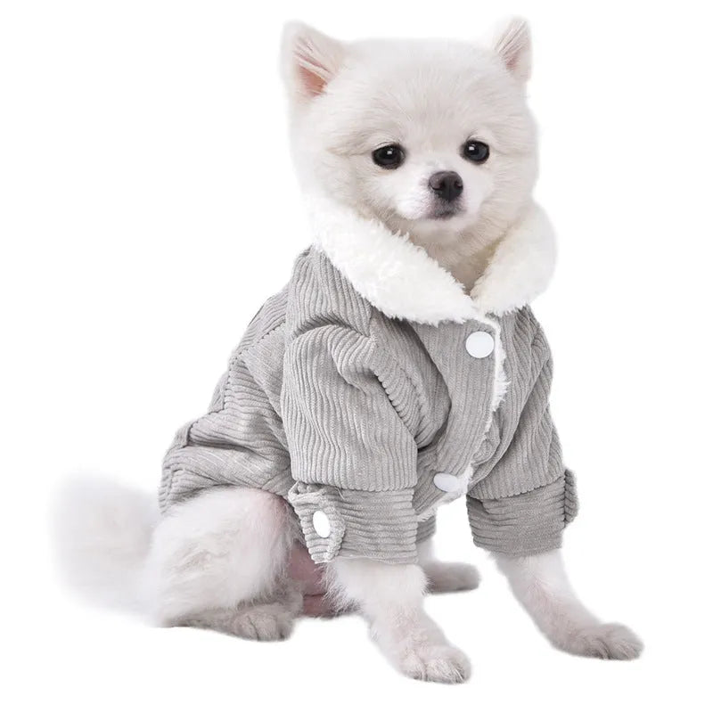 Grey lambswool fleece-lined dog vest for winter wear on a canine model