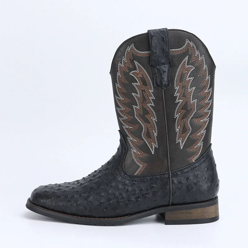 Men's western denim square toe motorcycle boots in artificial leather with low wedge heel