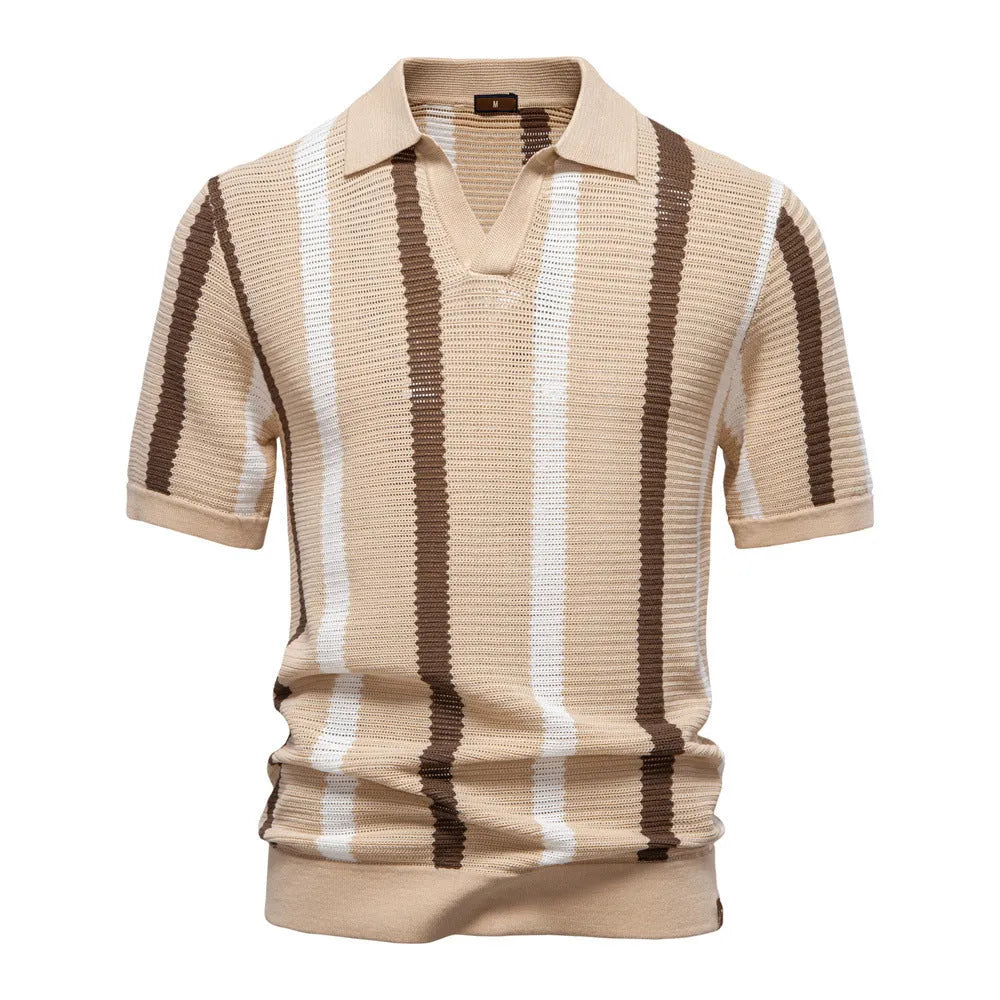 Man wearing a light blue striped short-sleeved polo shirt with a breathable hollow fabric weave.