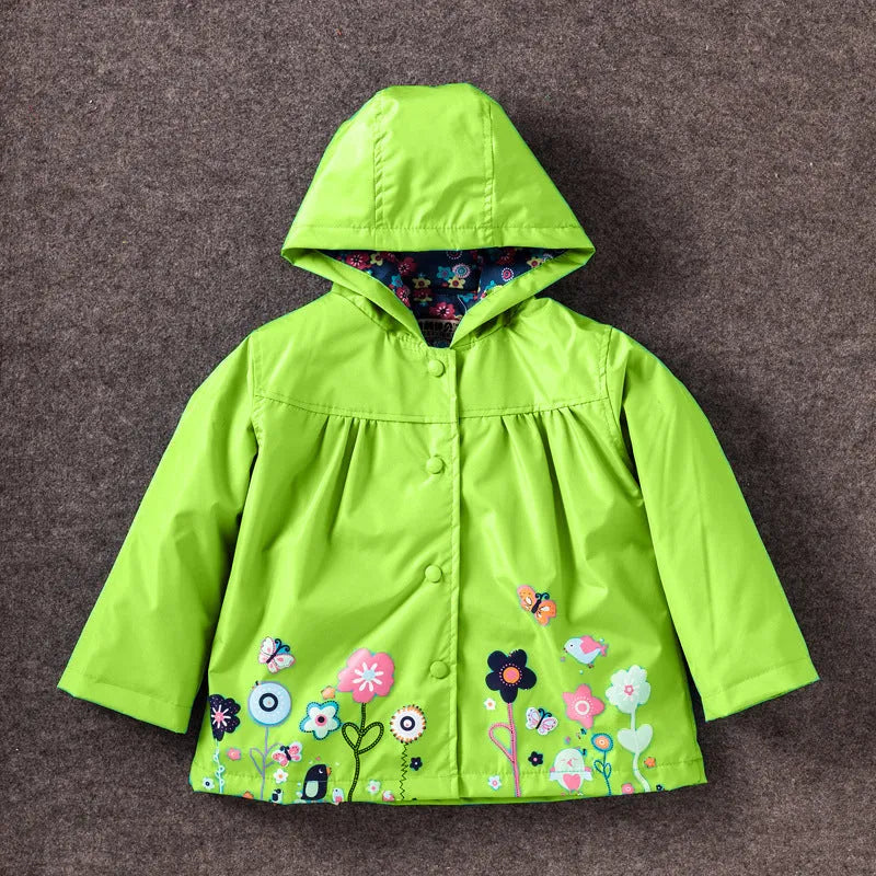 Girls' cute flowers windproof and rainproof shell jacket in red with hood, long sleeves, cotton fabric, spring style