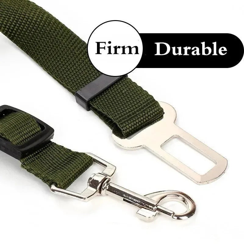 Black dog car seat belt with metal clip and adjustable polyester webbing on car seat