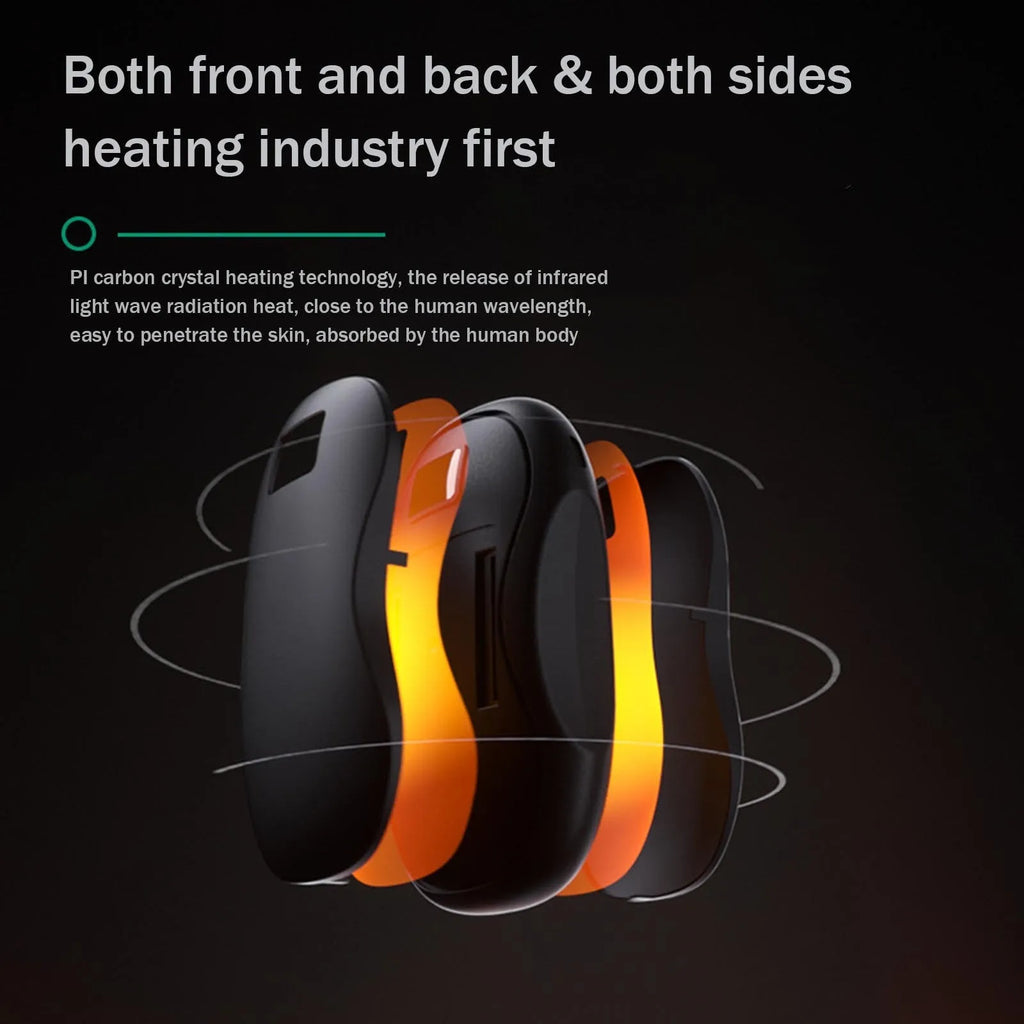 Electric hand warmer with digital display, available in multiple colours, on a white background