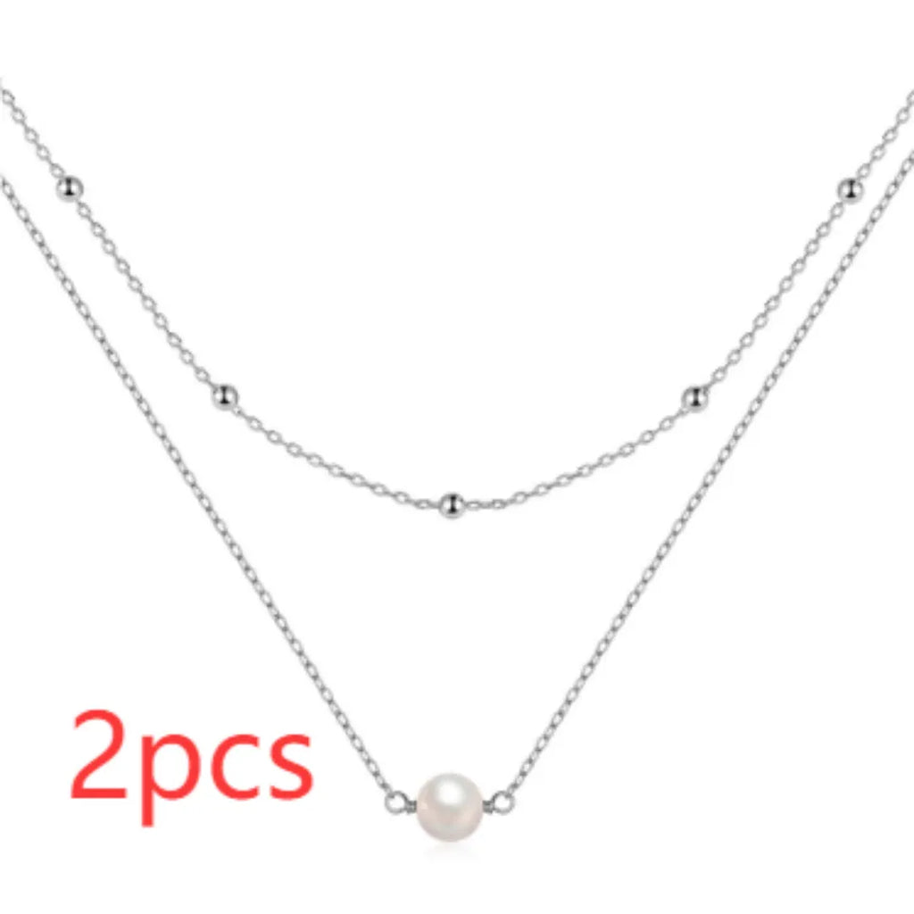 S925 sterling silver double layer pearl necklace with ball bead chain in gold colour option