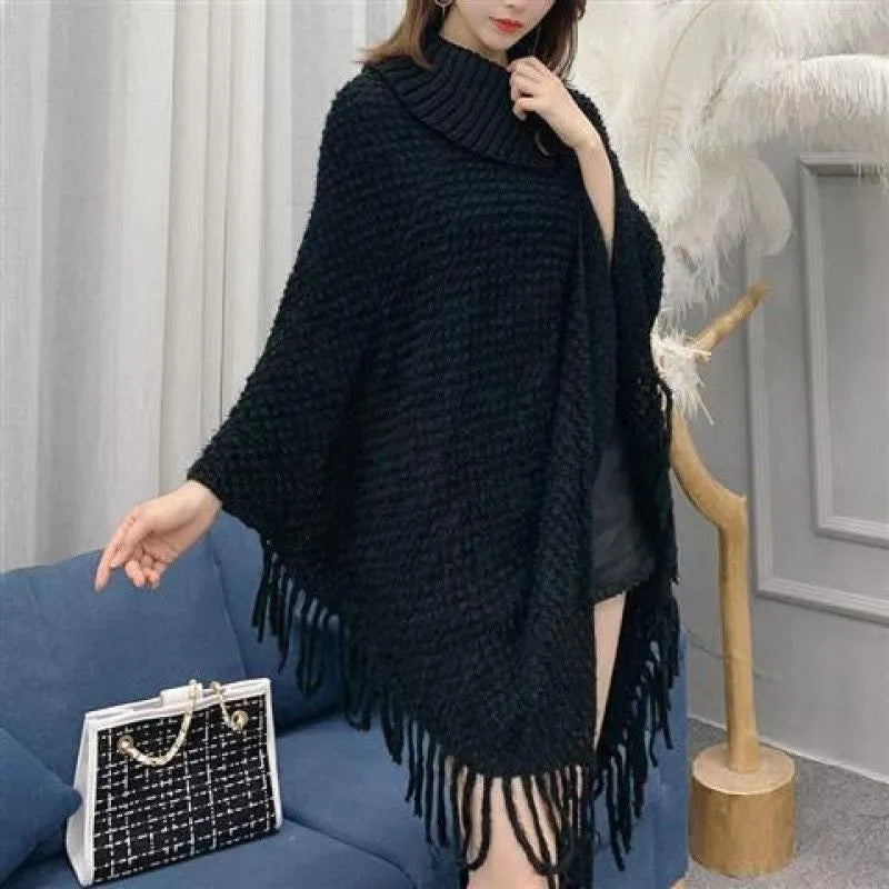 Women's triangular cashmere acrylic blend shawl cape with tassel detailing in multiple colour options
