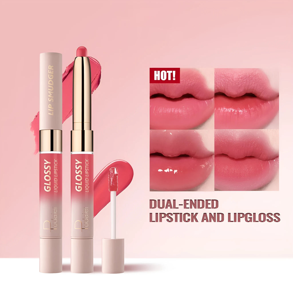 Double-headed lipstick and lip gloss in matte finish showing ten colour options 01 to 10