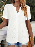 White loose-fit V-neck T-shirt with hollow French design detailing and short sleeves