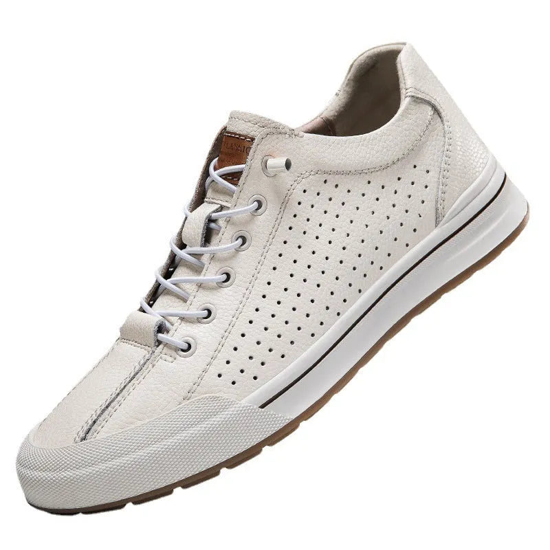 Men's white and black leather lace-up casual trainers with round toe and flat heel