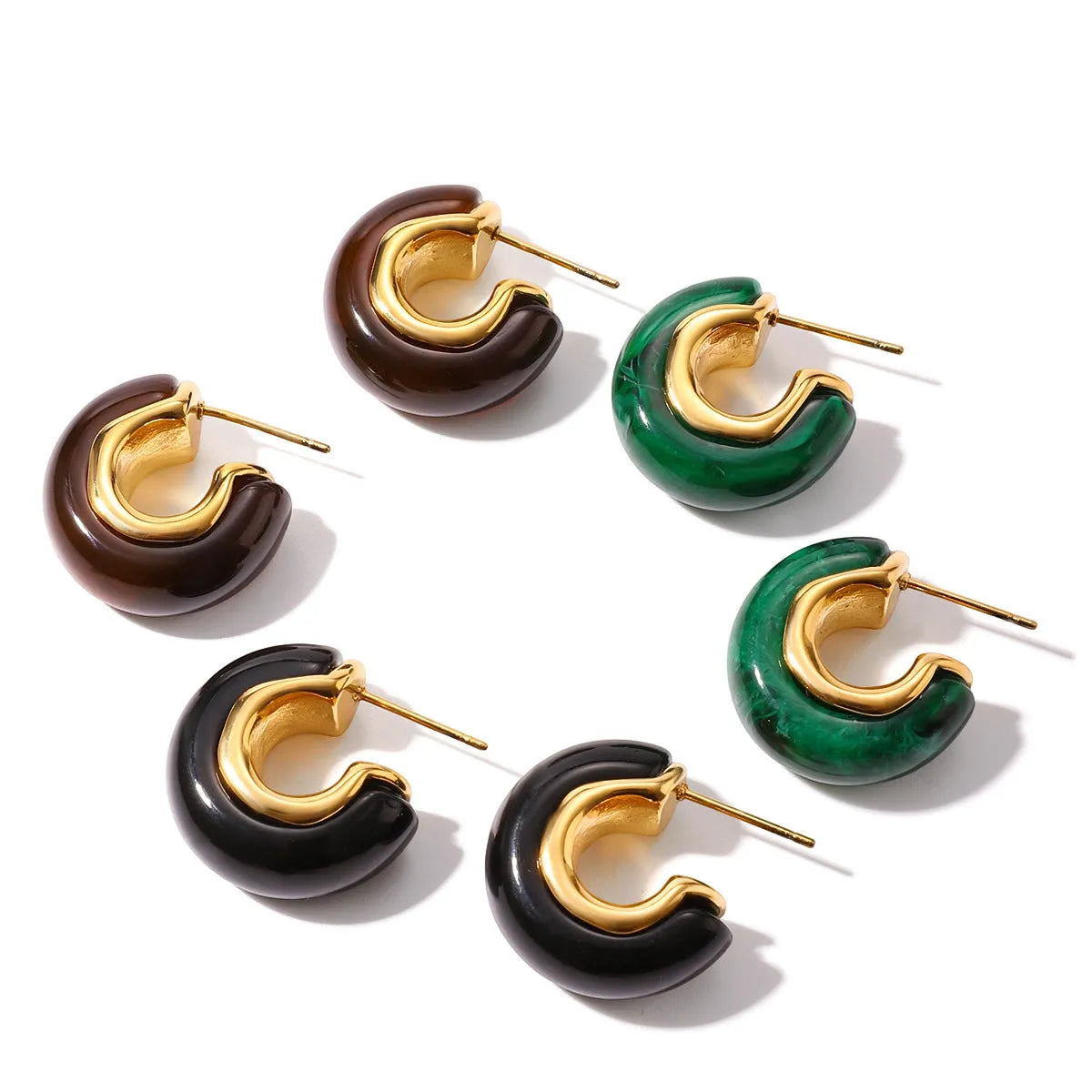 Resin stainless steel stud earrings with geometric ring design in black electroplated finish for women