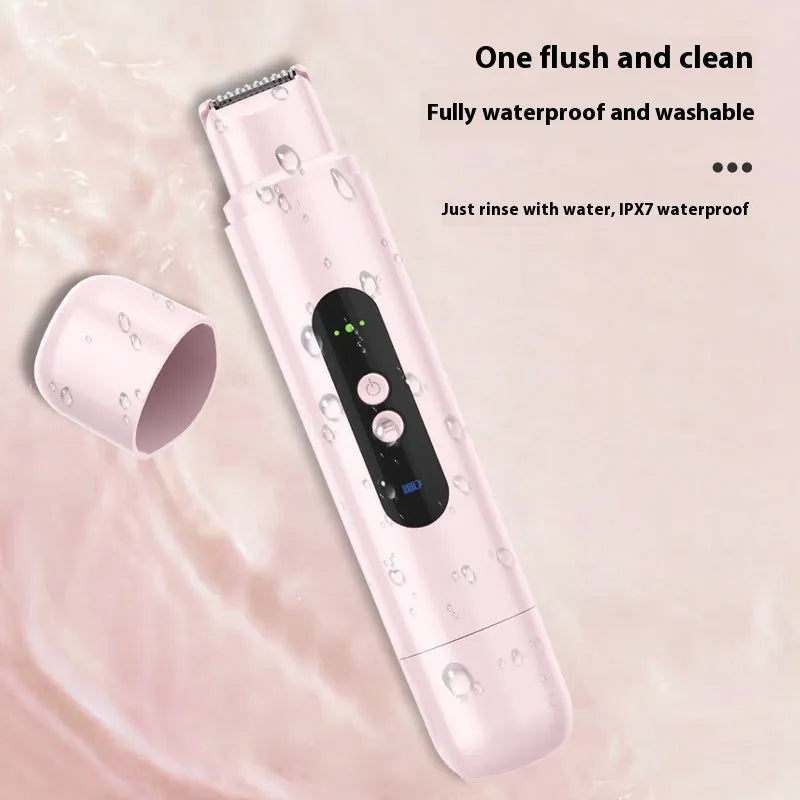 White and pink portable electric depilator with floating shaver blade and USB charging cable.