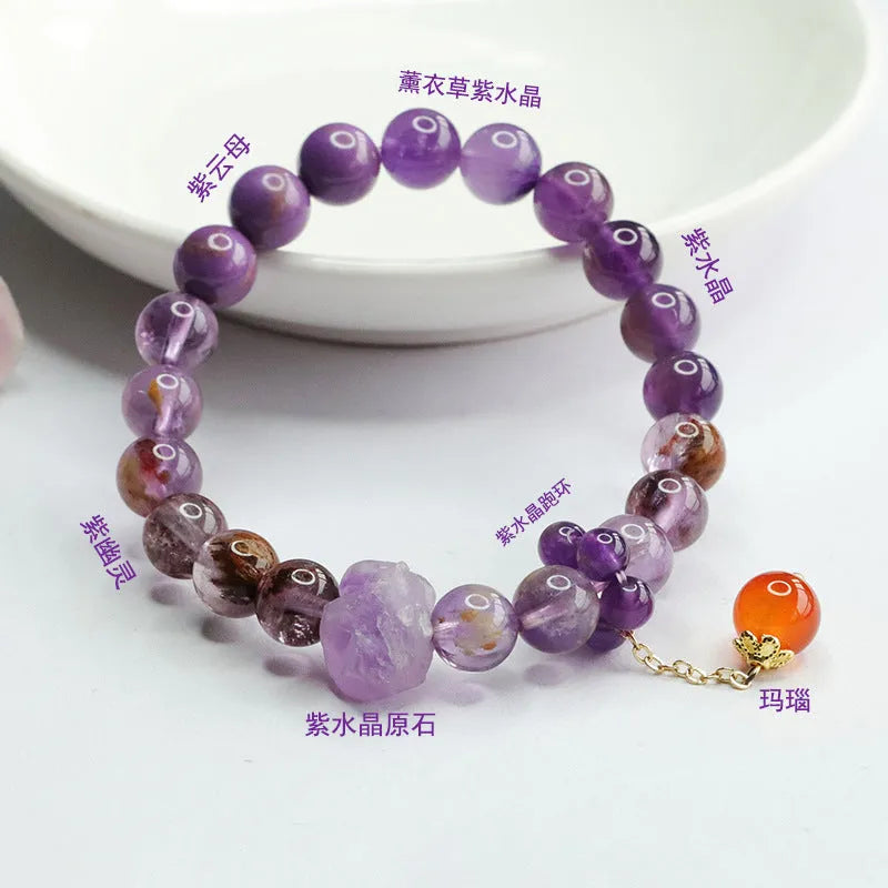 Natural nine purple fire Duobao crystal bracelet with amethyst beads and red agate accents in Mori style